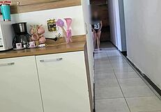 risky fun with husband's friend while he showers, almost caught