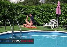 blonde babe bent over for anal sex around the pool