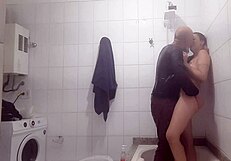 Real sex of amateur couple bent over in bathroom blowjob and doggystyle