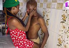 Petite ebony babe bent over for rough doggystyle sex with big cock in kitchen homemade