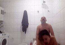 Real sex of amateur couple bent over in bathroom blowjob and doggystyle