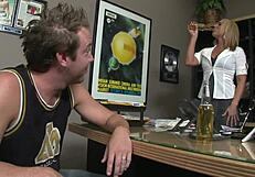 blonde milf secretary mellanie monroe uses big boobs to seduce men