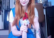 asuka punishes shinji with footjob and handjob in cosplay