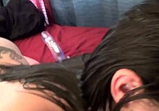 Horny lesbians with huge tits lick pussy and use toys