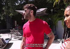 emotional memorial day with stepson sausage sneak suck on sofa outdoors by pool