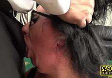 Chubby submissive hints at deep throating and intense fucking with toys in latex.