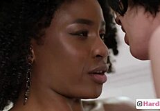 Busty black beauty loves wet massage and gets her hairy cunt licked by white friend
