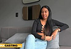 Watch this slim Colombian teen in sexy red lingerie deepthroat and ride a thick dick rough during her casting interview!
