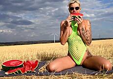 Delicious blowjob oral sex outdoors on a hot day with a hot blonde juicy watermelon big boobs public sex big lips tattoo girl juicy pussy blowjob deepthroat cum in mouth cum kissing