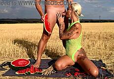 Delicious blowjob oral sex outdoors on a hot day with a hot blonde juicy watermelon big boobs public sex big lips tattoo girl juicy pussy blowjob deepthroat cum in mouth cum kissing
