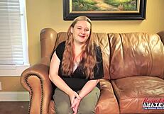 Curvy redhead Rose teases with masturbation before blowjob and pussy fucking