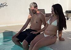 Step Sister Gives Handjob to Step Brother in Public Pool, Leading to Cum.