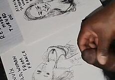 Quickly sketching women while covering their tits with cum