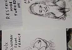 Quickly sketching women while covering their tits with cum