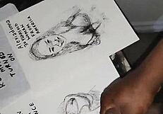 Quickly sketching women while covering their tits with cum