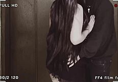 WTF! Girl in Skirt and Fishnet Stockings Gets Fucked and Creampied in Elevator!