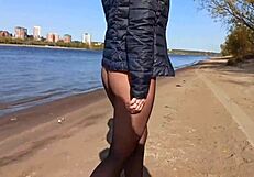 public blowjob and fingering leads to cum on tits close up