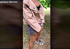 shemale with ladydick pees in the park, transwoman in crossdressing.