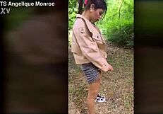 shemale with ladydick pees in the park, transwoman in crossdressing.