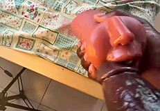 using sextoy for deep throat after work, quick cum