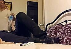 1380 - bv - fucking homemade girl black leather pants gray satin shirt white satin panties masturbing rubbing pov blowjob ass licking