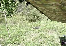 Risky outdoor activity during camping trip in forest