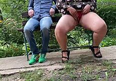 Fat milf pissing outdoors with legs spread, exciting fetish scene