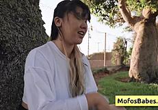 I reveal my big natural tits to my friend outdoors with tomie tang.