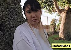 I reveal my big natural tits to my friend outdoors with tomie tang.