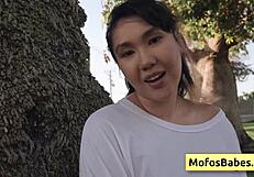 I reveal my big natural tits to my friend outdoors with tomie tang.