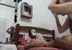 Milf sucking the sinister masked man intensely