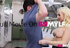 Stepmom and stepdaughter share a steamy moment in the laundromat