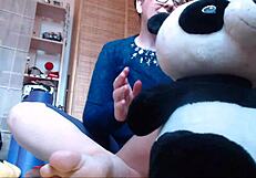 nicoletta masturbates with huge dildo on stuffed toy squirting pee everywhere