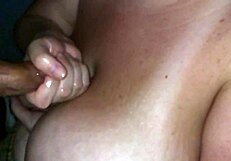 Wife's natural 42f tits bounce during slow-motion handjob on my cock