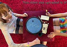 These two cute horny sluts challenge one guy in a dice game to make him cum first