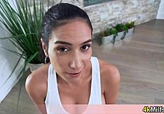 Sporty golddigger stepmom dives into her first taboo fuck outdoors in pov style with oral action
