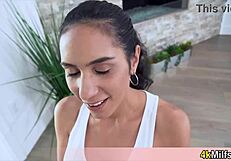 Sporty golddigger stepmom dives into her first taboo fuck outdoors in pov style with oral action