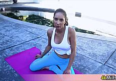 Sporty golddigger stepmom dives into her first taboo fuck outdoors in pov style with oral action