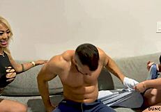 Threesome Greets Bodybuilder At Hotel.