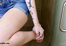 Does the tall model enjoy her sensual bath?