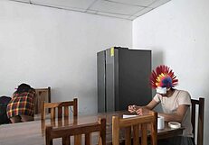 Housemaid Touches Her Body Sensually And Flirts With A Dildo While Feeding A Blind Man