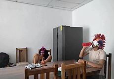 Housemaid Touches Her Body Sensually And Flirts With A Dildo While Feeding A Blind Man