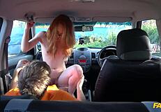 British ginger babe ella hughes gets rough pussy fuck during fake driving lesson. instructor gives cumshot on tits.