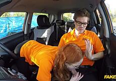 British ginger babe ella hughes gets rough pussy fuck during fake driving lesson. instructor gives cumshot on tits.