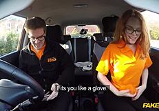 British ginger babe ella hughes gets rough pussy fuck during fake driving lesson. instructor gives cumshot on tits.