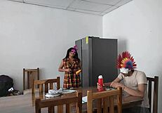 Housemaid Touches Her Body Sensually And Flirts With A Dildo While Feeding A Blind Man