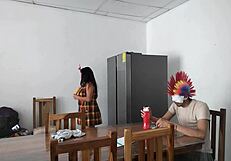 Housemaid Touches Her Body Sensually And Flirts With A Dildo While Feeding A Blind Man