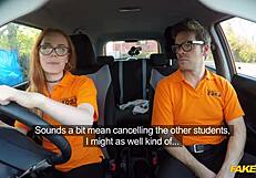 British ginger babe ella hughes gets rough pussy fuck during fake driving lesson. instructor gives cumshot on tits.