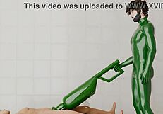 Guy uses rotating machine on another guy