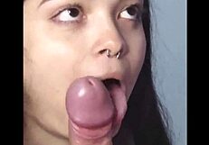 Young girl performs deep blowjob and swallows completely